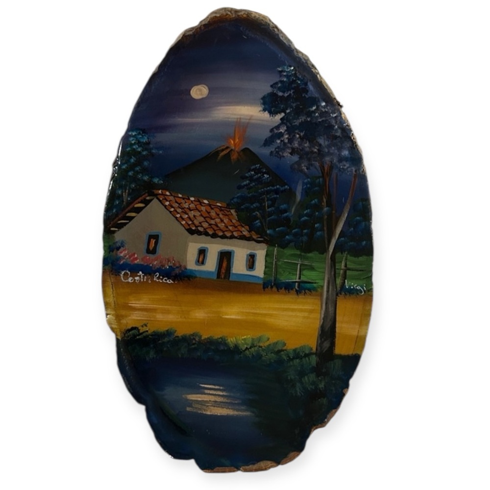 Vintage RARE hand painted folk art on wood slab volcano signed Costa Rica VIRGI